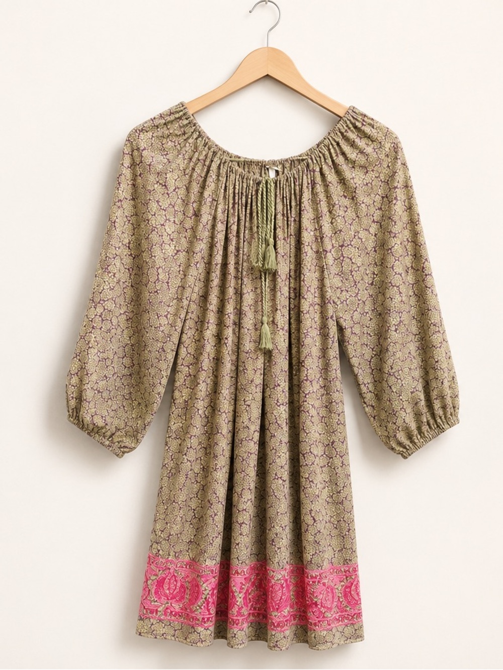 Uncle Frank Boho Floral Peasant Dress Pink Embroidered Hem Womens Size L